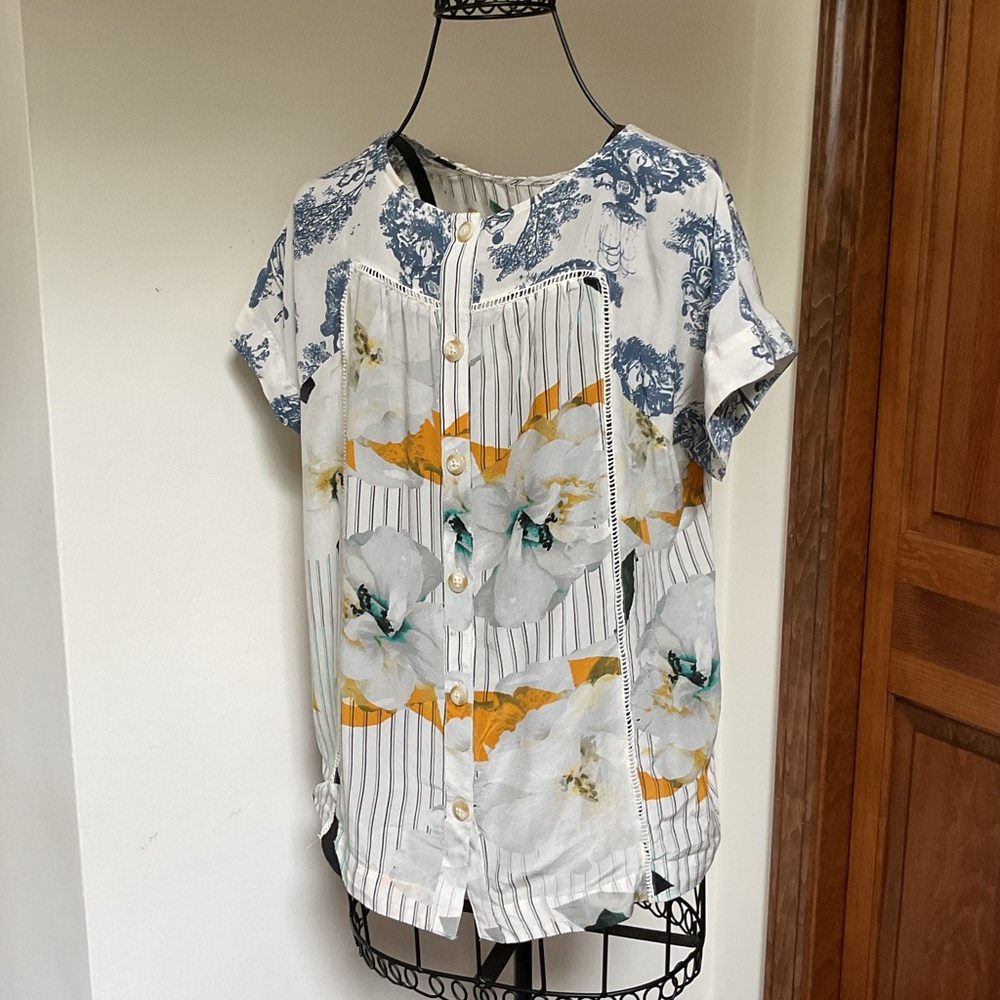 Anthropologie Maeve Silk Pinstripe Floral Toile Short Sleeve Top Size 8 - Picture 5 of 7